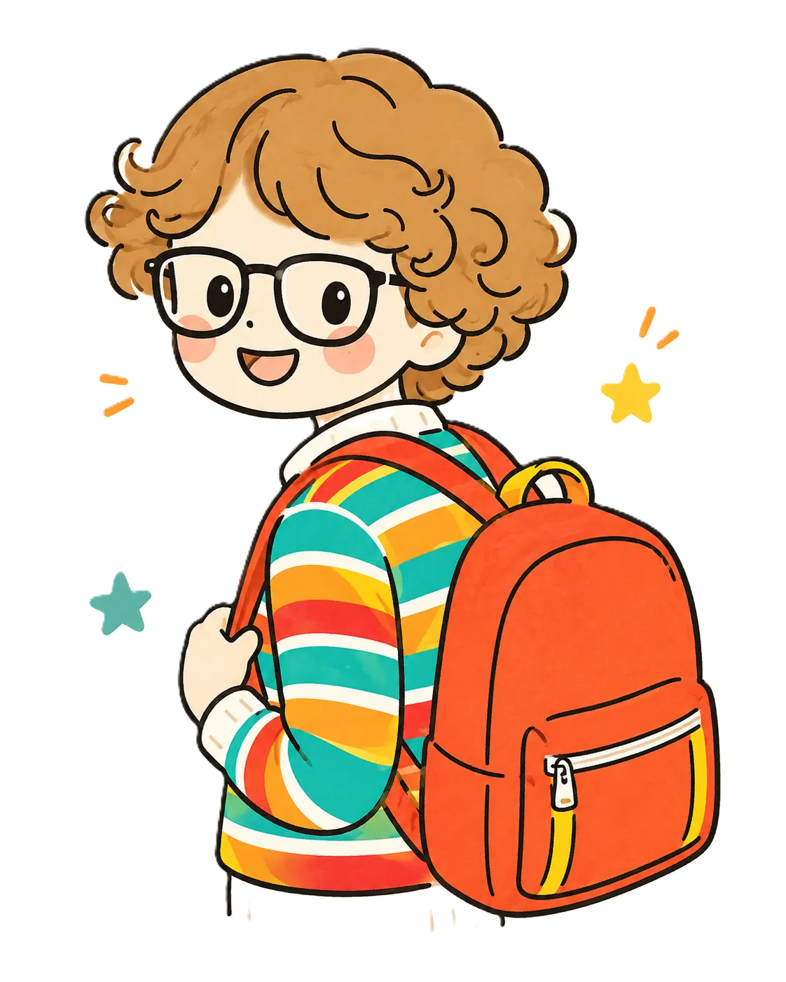 A smiling schoolboy with a colourful backpack