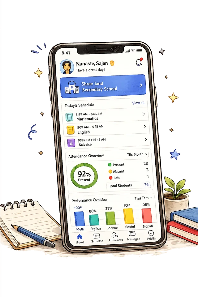 The NepEdu mobile app showing today's schedule and attendance