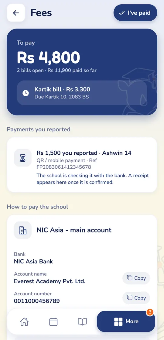The fees screen: the amount to pay, a payment the family reported, and the school's bank account.