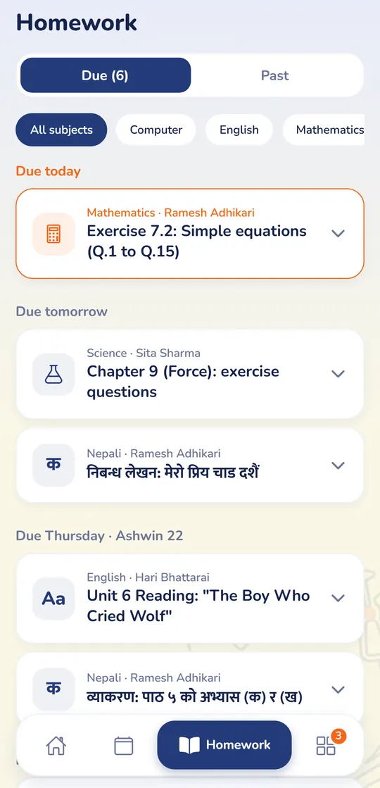 The homework screen: what is due today, tomorrow and later in the week, by subject, some in Nepali.