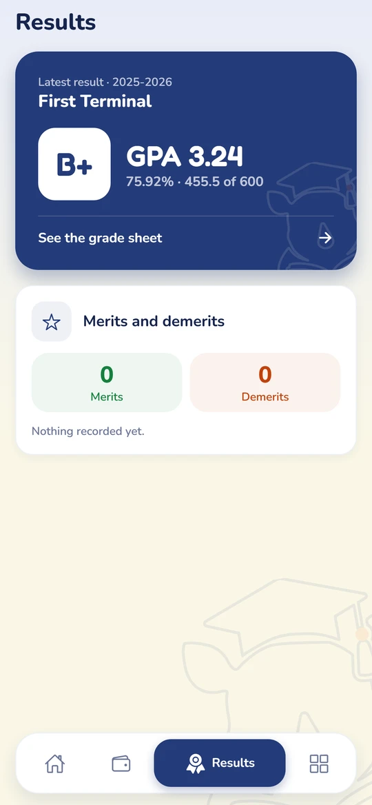 A parent's results screen: the latest exam's grade B+, GPA 3.24 and percentage, with a link to the grade sheet.
