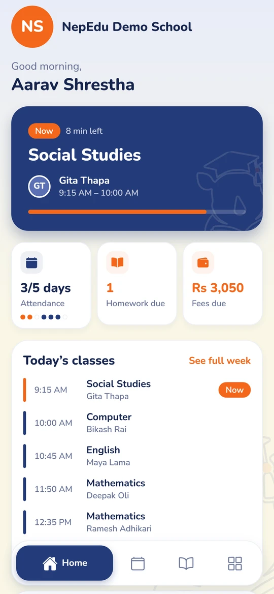A student's home screen: Social Studies on now with Gita Thapa and the minutes left, attendance, homework due, fees due and today's classes.