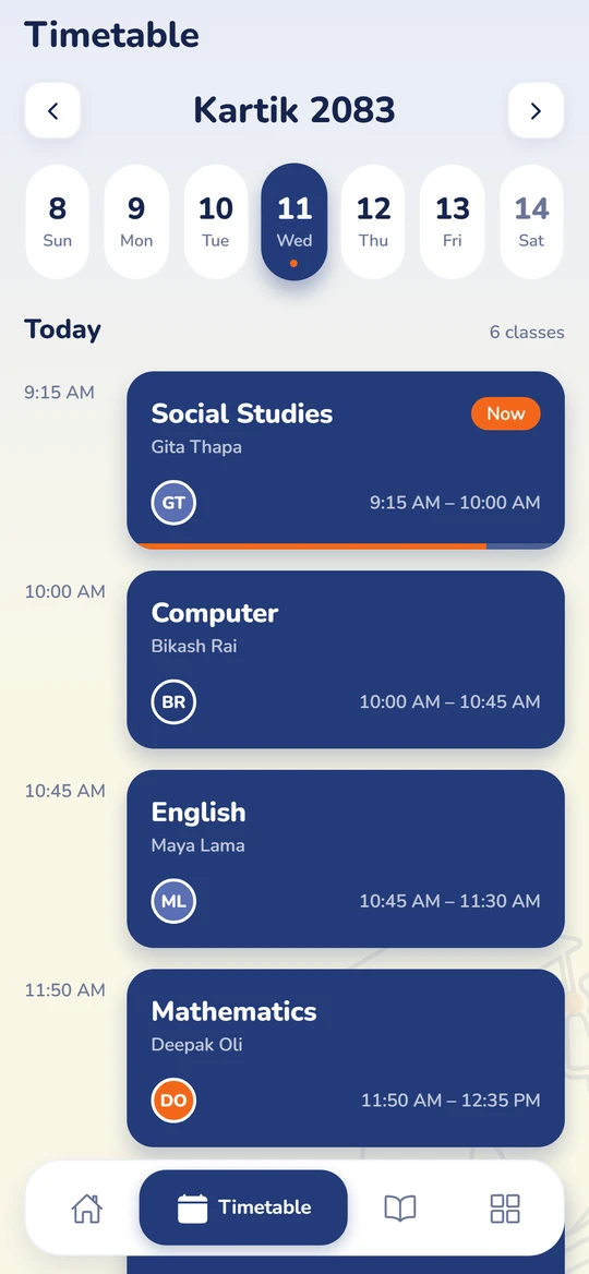 A student's timetable for Wednesday, Kartik 11: each period with its subject, teacher and time, and the one on now marked.