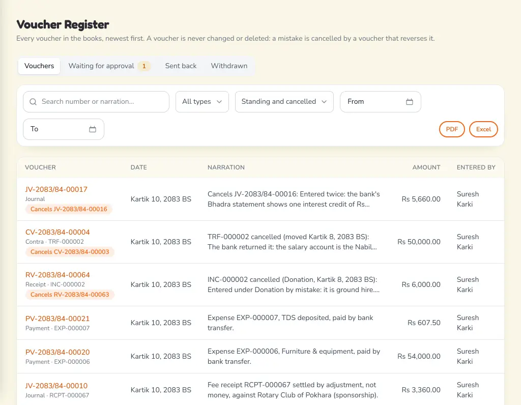 The Voucher Register in NepEdu: journal, contra, receipt and payment vouchers numbered like JV-2083/84-00017, with Bikram Sambat dates, narrations, amounts in rupees and who entered each one. Three vouchers are marked as cancelling an earlier one.