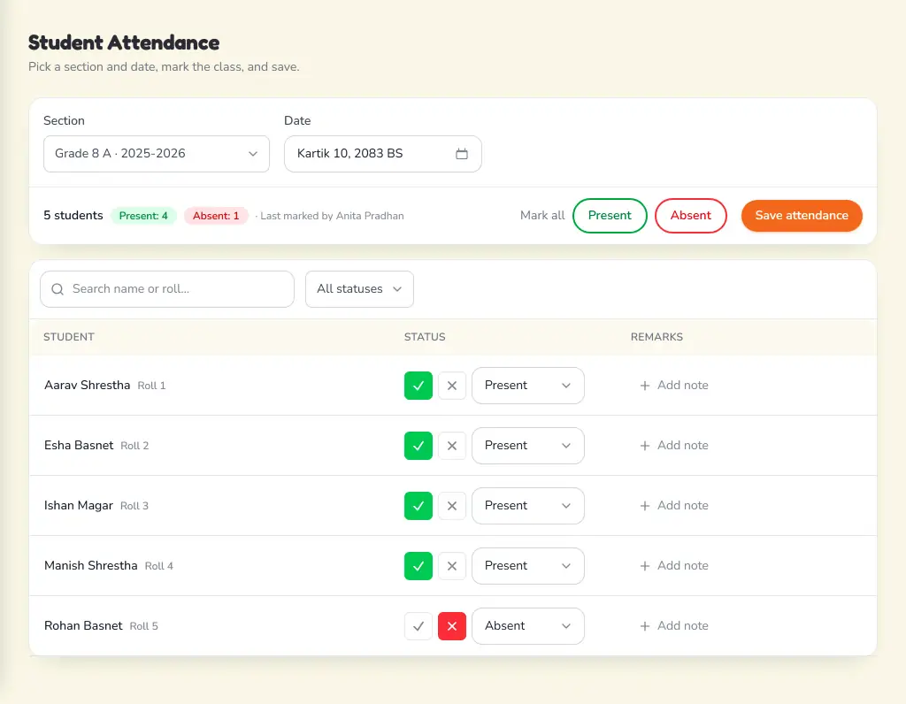 Student Attendance for Grade 8 A on Kartik 10, 2083 BS: a tick or cross per student, four present and one absent, with a note field.