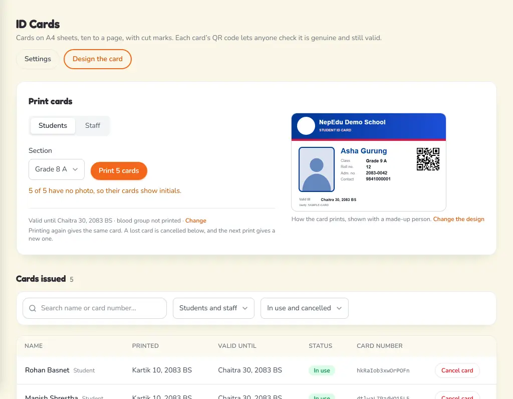 The ID Cards page: Grade 8 A chosen with a Print 5 cards button beside a preview of the card, and below it the cards issued with their BS dates, validity and a Cancel card button.