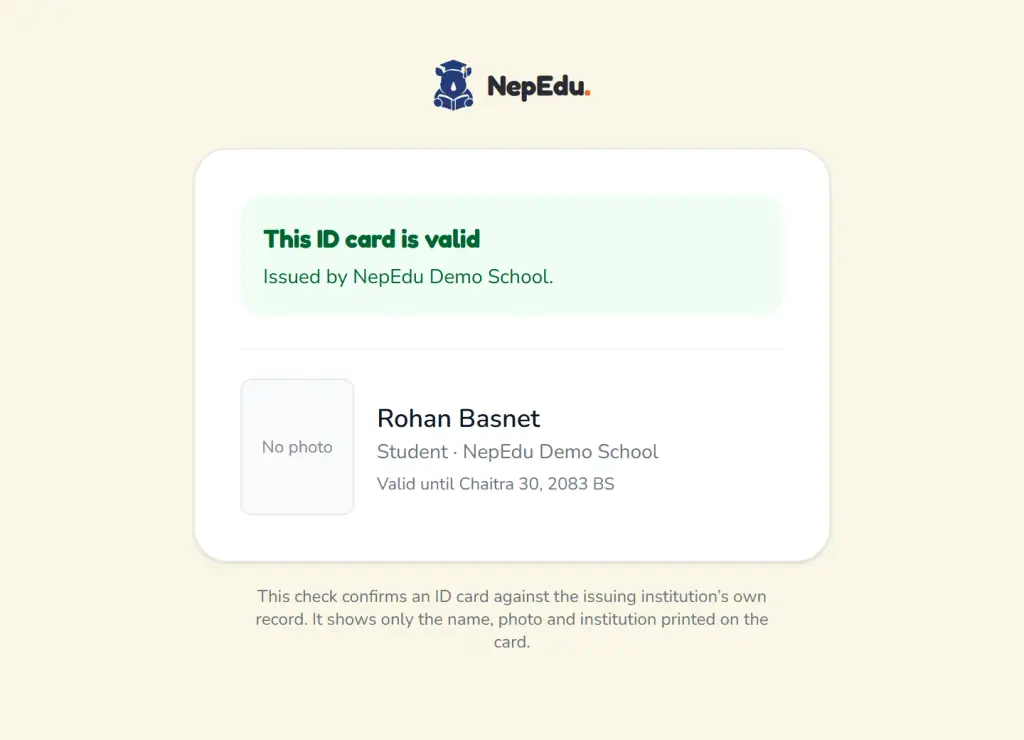 The public check behind an ID card's QR code: “This ID card is valid”, with the student's name, institution and validity date, and nothing else.